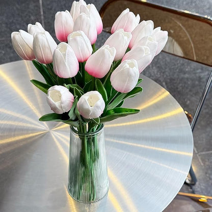 20 Pcs Real Touch Artificial Tulips - Soft White-Pink Fake Flowers, 14" Spring Mother’s Day Easter Home Kitchen Wedding Party Decor (Bulk, Lifelike Latex Texture)