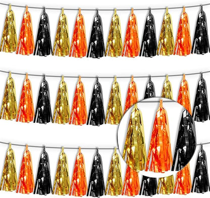 3P Orange Gold Black Tassel Banner Garland Metallic Foil Fringe Banner Tinsel Tassels Streamer Banner Backdrop for Parade Floats, Graduation Decorations, Halloween, Christmas Decorations