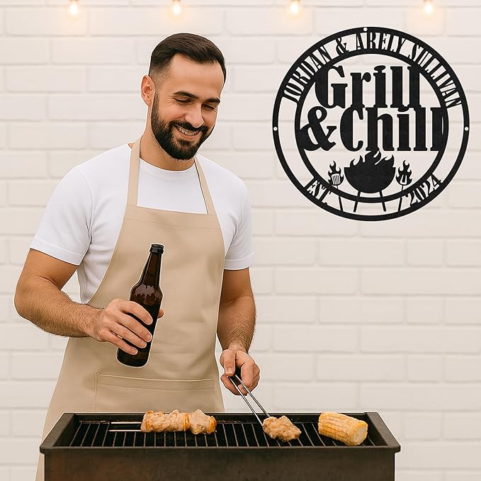 Custom Grill BBQ Metal Sign, Personalized Name Cut Wall Art for Outdoor Kitchen, Backyard Patio, Rustic Barbecue Gift