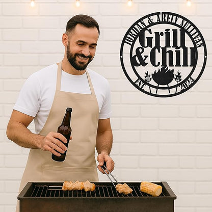 Custom Grill BBQ Metal Sign, Personalized Name Cut Wall Art for Outdoor Kitchen, Backyard Patio, Rustic Barbecue Gift