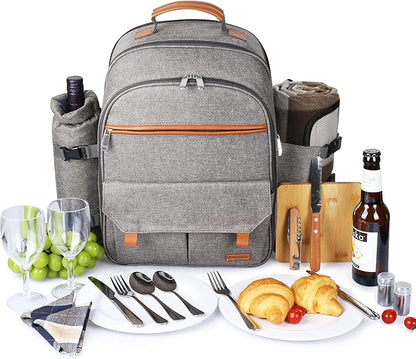 Sunflora Insulated Picnic Backpack for 2 Person Bag with Cooler Compartment, Blanket and Stainless Steel Cutlery Set for Couple, Lovers and Friends (Brush Beige)