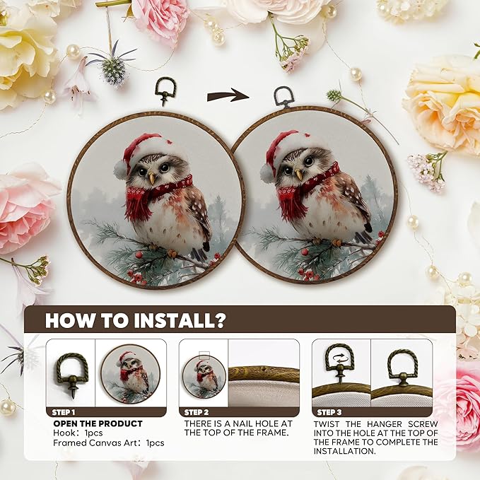 MOTERMATE Vintage Christmas Owl Wall Art Decor Round Framed, Winter Christmas Canvas Wall Art Artwork Prints, Farmhouse Winter Xmas Owl Hanging Decor Decorations for Home Living Room, 10x10 Inch