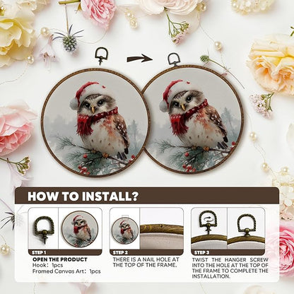 MOTERMATE Vintage Christmas Owl Wall Art Decor Round Framed, Winter Christmas Canvas Wall Art Artwork Prints, Farmhouse Winter Xmas Owl Hanging Decor Decorations for Home Living Room, 10x10 Inch