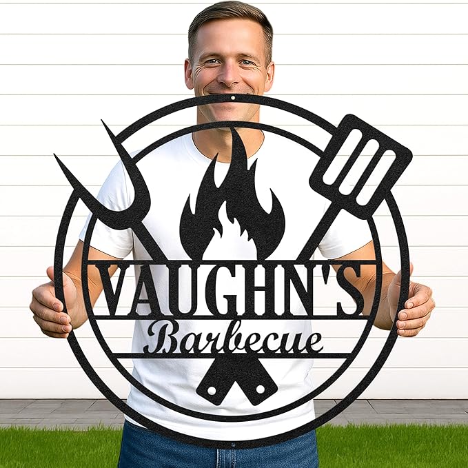 Personalized Outdoor BBQ Metal Sign, Custom Name Grill Cut Wall Art for Backyard Patio, Rustic Barbecue Kitchen Decor