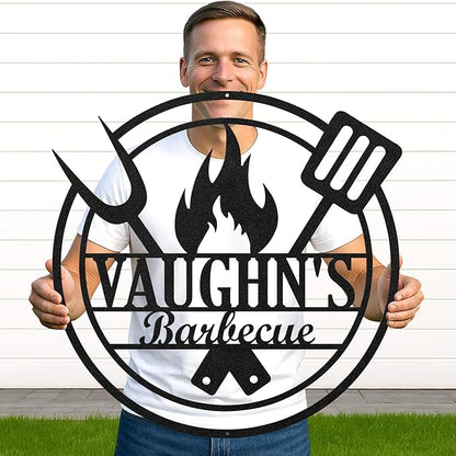 Personalized Outdoor BBQ Metal Sign, Custom Name Grill Cut Wall Art for Backyard Patio, Rustic Barbecue Kitchen Decor