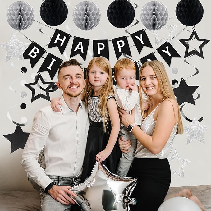 meowtastic Birthday Decorations, Happy Birthday Banner with Honeycomb Balls, Star Hanging Swirl Streamer, Circle Dot Garland, Happy Birthday Party Decoration for Women Men Boys Girls (Black & Silver)