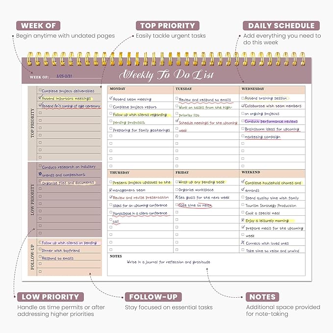 Weekly To Do List Notepad with 52 Undated Sheets（8.5"×11"）6 Pack - Undated Weekly Planner Notepad for Office Desk Accessories and Supplies - Multi