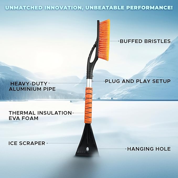 EcoNour 27" Car Snow Brush and Ice Scrapers for Car Windshield (Orange - 2 Pack) | Scratch Free Bristle Head Snow Brush & Tough Window Snow Scraper with Aluminium Body