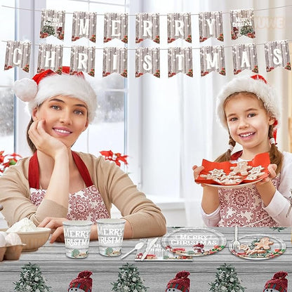 Christmas Plates Disposable Party Set, 170 Pcs MERRY CHRISTMAS Banner Tablecloths Plates Paper Napkins Cups Plastic Knifes Forks Spoons for Christmas Dinner Christmas Party Decorations Supplies