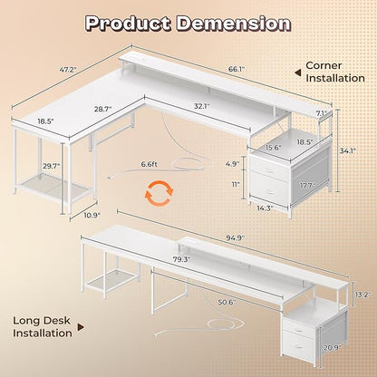 PRAISUN 66" L Shaped Gaming Desk with LED Lights & Power Outlets, Computer Desk with Fabric Drawers and Print Stand, Corner Office Desk, Monitor Stand, Mesh CPU Stand, White