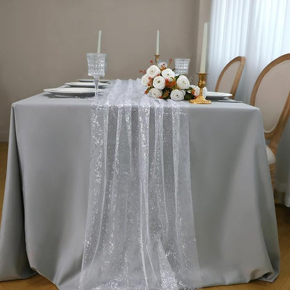 Snowkingdom 10 FT White Silver Cheesecloth Table Runner, Sequin Metallic Foil Sheer Chiffon Gauze, Glitter Silver Party Table Decoration Centerpieces for Wedding Birthday Bridal Baby Shower Christmas