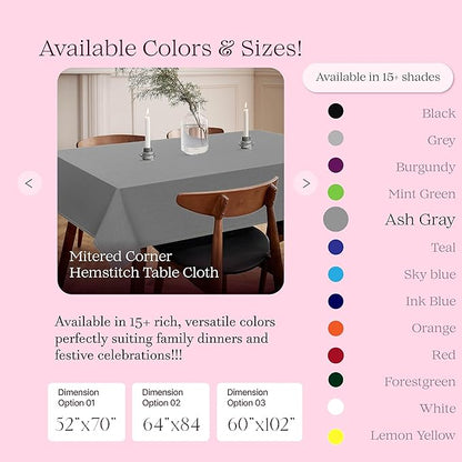 Ash Grey Cotton Tablecloth, Tabletop 52x70 Inch, Fits 4-6 Seats, Soft, Durable, Washable, Wrinkle Resistant, Rectangle Table Cloth for Dining, Events, Modern Decor, Home Dining