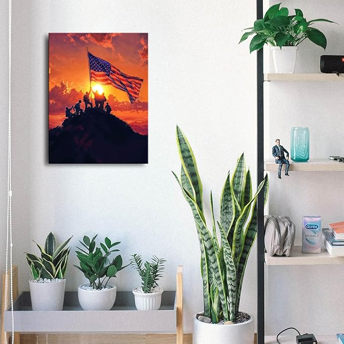 Ploceiny American july 4th Canvas Print Wall Art - Patriotic 4th of July USA Decorations, Soldiers Raising Flag on Mountain Sunrise, Veteran Memorial Gift, Independence Day Office & Home Decor, A-383
