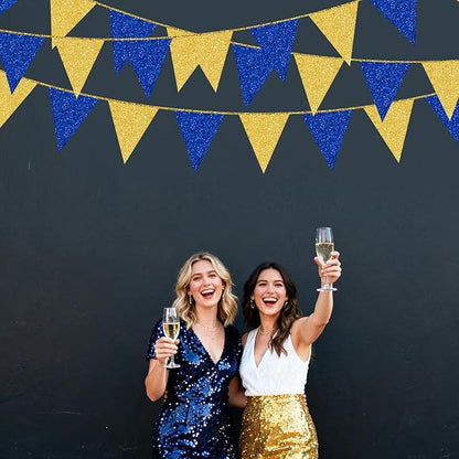 Royal Blue Gold Party Decorations Pennant Banner Flag Glitter Navy Blue and Gold Triangle Hanging Bunting for Birthday Graduation Bridal Shower Wedding Bachelorette Nautical Ahoy Achor Party Supplies