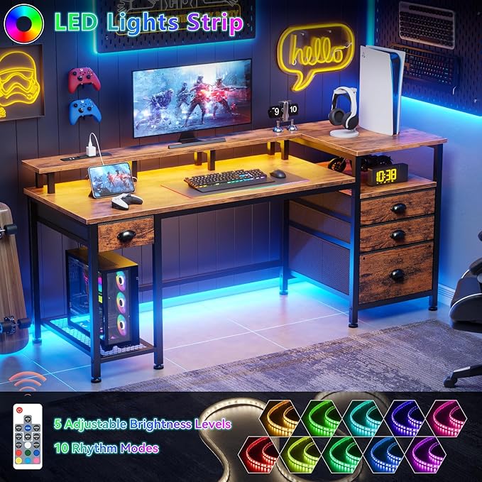 Furologee 60" Computer Desk with File Cabinet and Storage Shelves, Reversible Home Office Desk with LED Lights, Full Monitor Stand, Power Outlets, Study Gaming Table with 4 Drawers, Rustic Brown