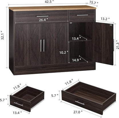 Shintenchi Modern Farmhouse Sideboard Buffet Cabinet,Barn Doors Buffet Cabinet with 2 Drawers & 3 Doors,Wood Coffee Bar Cabinet with Adjustable Shelf for Kitchen Living Room,Brown