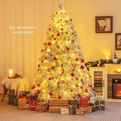 GOFLAME 7ft Pre-Lit Christmas Tree Snow Flocked, Hinged Artificial Xmas Tree with 743 Branch Tips, 320 Warm White LED Lights, Willow Leaves, Holiday Decoration Tree for Home Office Party