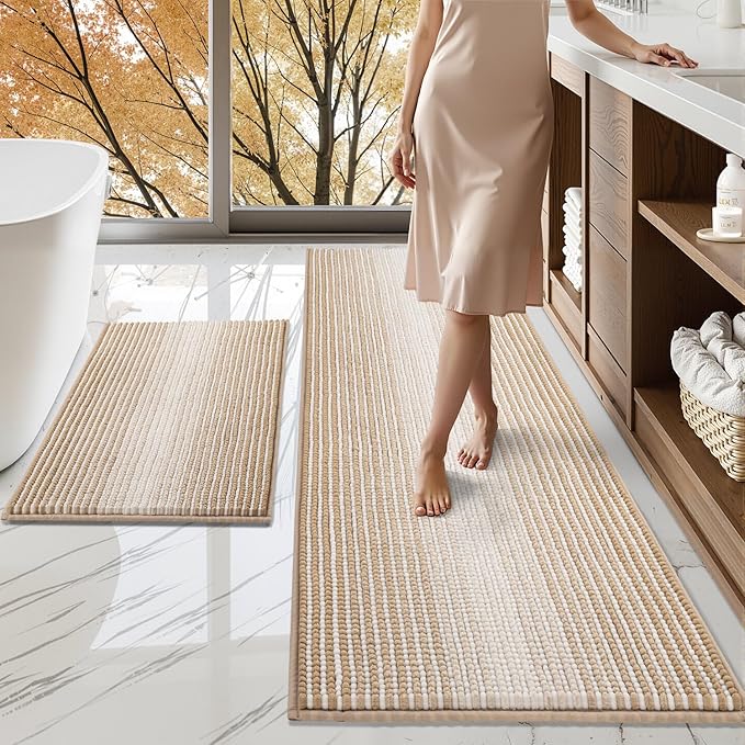 BSICPRO Bathroom Rugs and Mats Sets, 2 Piece Thick Absorbent Chenille Bath Mat Rug Set Non Slip, Soft Shaggy Bath Room Floor Mats for Bathroom, Machine Washable (Beige, 24" x 70" Plus 20" x 32")