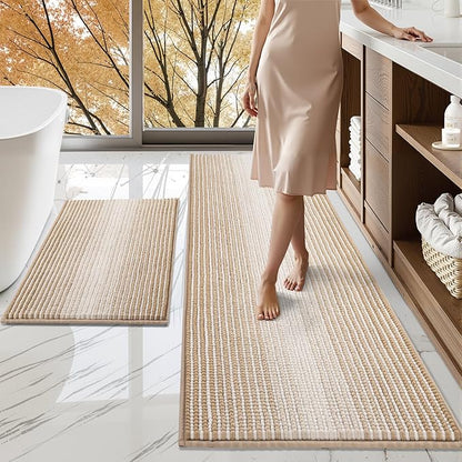 BSICPRO Bathroom Rugs and Mats Sets, 2 Piece Thick Absorbent Chenille Bath Mat Rug Set Non Slip, Soft Shaggy Bath Room Floor Mats for Bathroom, Machine Washable (Beige, 24" x 70" Plus 20" x 32")