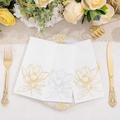 50 Pack Gold Magnolia Napkins - Gold Floral Disposable Napkins - Cloth-Like Feel Dinner Paper - Retro Heavy Duty Hand Towels for Bathroom Wedding Holiday Party Bridal Decorative Towels