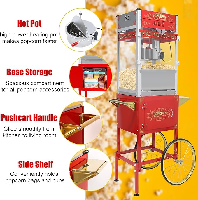 Commercial 20 Oz Popcorn Machine with Cart - 100 Cups, Stainless Steel Kettle, Warming Light - Portable Popper for Home Theater & Parties, Red