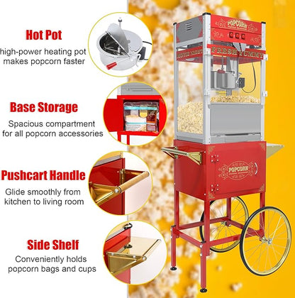 Commercial 20 Oz Popcorn Machine with Cart - 100 Cups, Stainless Steel Kettle, Warming Light - Portable Popper for Home Theater & Parties, Red