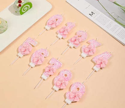 Number 9 Birthday Candle with Pink Sequins and Bowtie, Pink Number 9 Cake Topper Decoration for Girls Pastel Sweet Theme Birthday Party or Adults Milestone Age