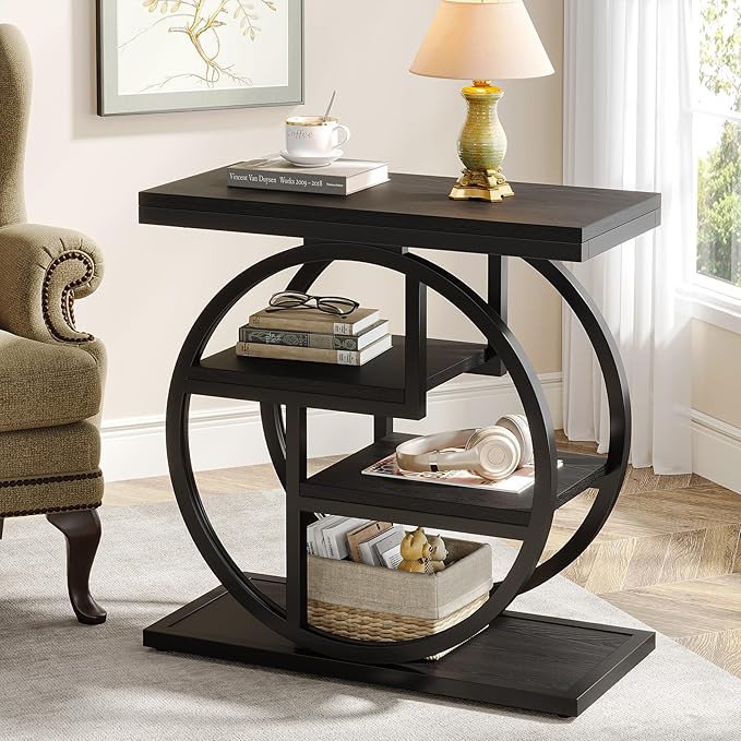 Tribesigns Black End Table for Living Room, 4-Tier Narrow Side Table with Storage Shelves, Modern Bedside Table for Bedroom, Wood Small Sofa Side Table with Geometric Metal Frame (1 PC, Black)