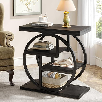 Tribesigns Black End Table for Living Room, 4-Tier Narrow Side Table with Storage Shelves, Modern Bedside Table for Bedroom, Wood Small Sofa Side Table with Geometric Metal Frame (1 PC, Black)