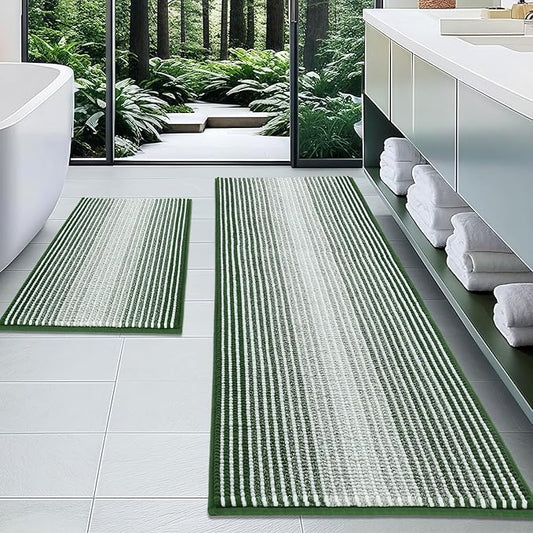 Bathroom Rugs and Mats Sets, 2 Piece Thick Absorbent Chenille Bath Mat Rug Set Non Slip, Soft Shaggy Bath Room Floor Mats for Bathroom, Machine Washable (Hunter Green, 20" x 60" Plus 20" x 32")