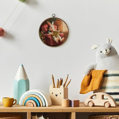 TLESKE Bunny Rabbit Reading Corner Nook Round Wall Art Decor Framed 10x10, Easter Bunny Canvas Wall Art Prints Artwork, Rabbit Wall Hanging Room Door Decorations Decor for Bedroom Reading Room