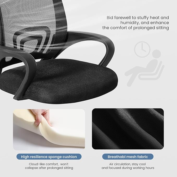 DUMOS Office Chair - Ergonomic Mid Back Mesh Desk Chair with Lumbar Support & Rocking Mode, Height Adjustable with Fixed Armrest, Computer, Gaming, Conference, 360° Swivel, Black