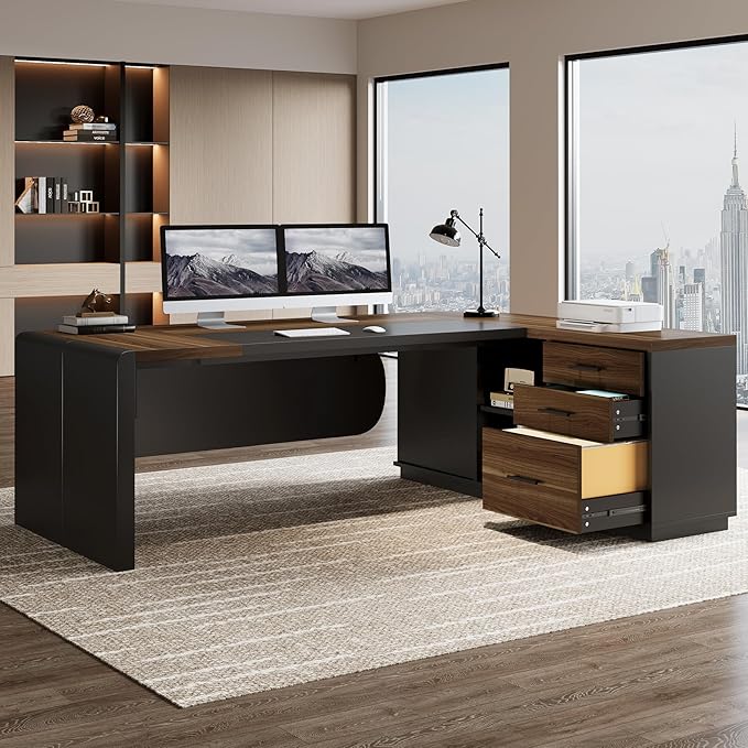 Tribesigns 80'' L-Shaped Desk Set of 6, Large Executive Office Desk with 55'' Drawers Cabinet, Modern Computer Table with Storage Shelves, Business Furniture for Office, Brown