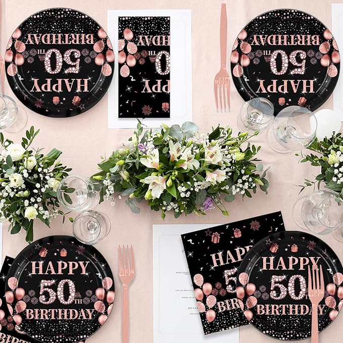 50th Birthday Decorations for Women,61Pcs Rose Gold 50th Birthday Decorations Tableware Include Happy 50th Birthday Plates and Napkins,Tablecloth,Forks,50th Birthday Party Supplies Serve 20