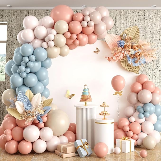 Gender Reveal Balloon Arch Kit,122Pcs Blush Pink Dusty Blue Sand White Peach Balloons for Gender Reveal Party Boho Wedding Bridal Engagement Baby Shower Anniversary Birthday Party Decorations