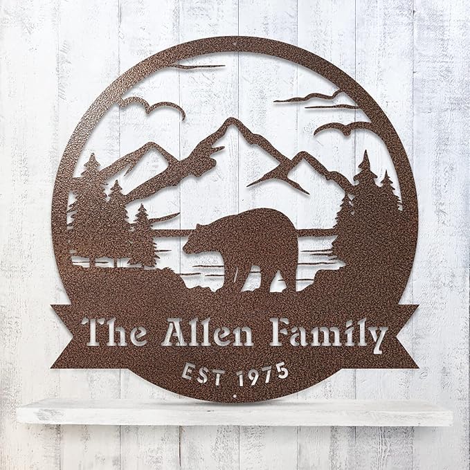 RealSteel Personalized Bear Metal Sign - Custom Outdoor Wall Art with Mountain Scene - Circular Design for Porch, Patio, Lawn & Garden Décor - Textured Silver, 18"
