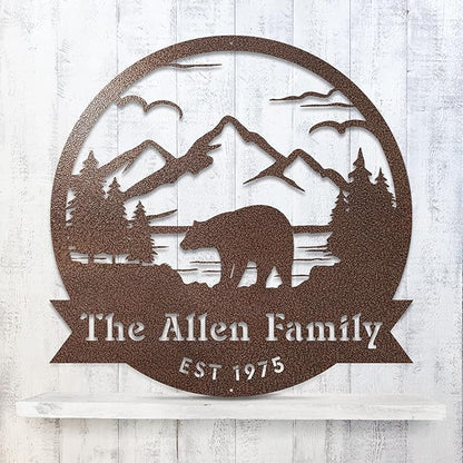 RealSteel Personalized Bear Metal Sign - Custom Outdoor Wall Art with Mountain Scene - Circular Design for Porch, Patio, Lawn & Garden Décor - Black, 36"
