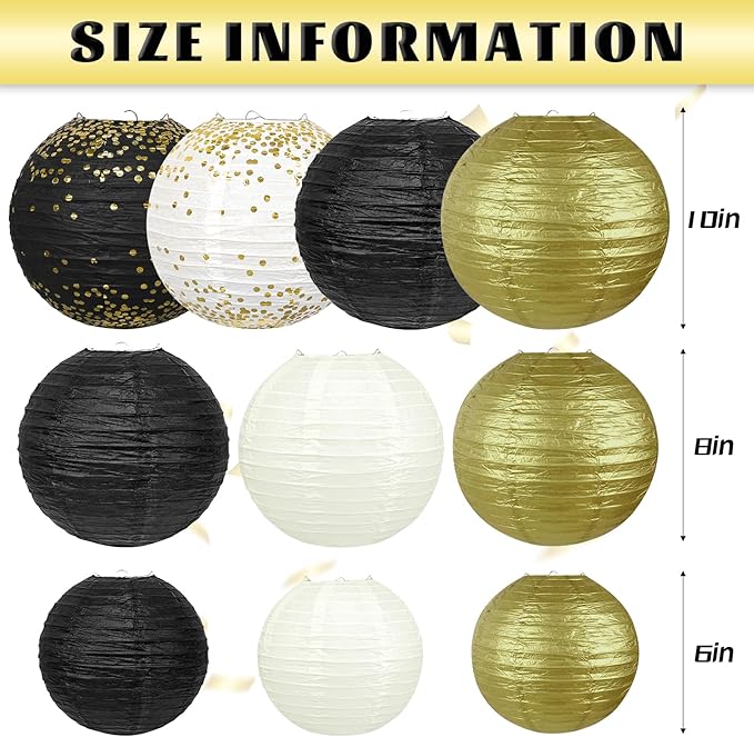 12Pcs Black and Gold Party Decorations, Various Sizes (6" 8" 10") Hanging Paper Lanterns for Men 50th 60th Birthday Graduation Retirement New Years Decorations New Years Eve Party Supplies 2026