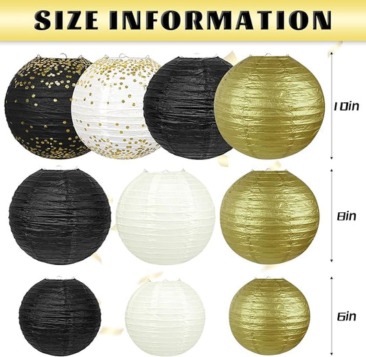 12Pcs Black and Gold Party Decorations, Various Sizes (6" 8" 10") Hanging Paper Lanterns for Men 50th 60th Birthday Graduation Retirement New Years Decorations New Years Eve Party Supplies 2026