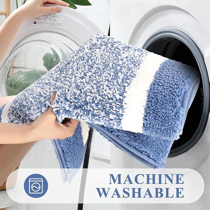 Pauwer 3 Pieces Bathroom Rugs Sets, Ultra Soft Non-Slip Mats, Microfiber Absorbent Bath Rugs with U-Shaped Toilet Rug for Bath Floor, Tub, Shower, Blue