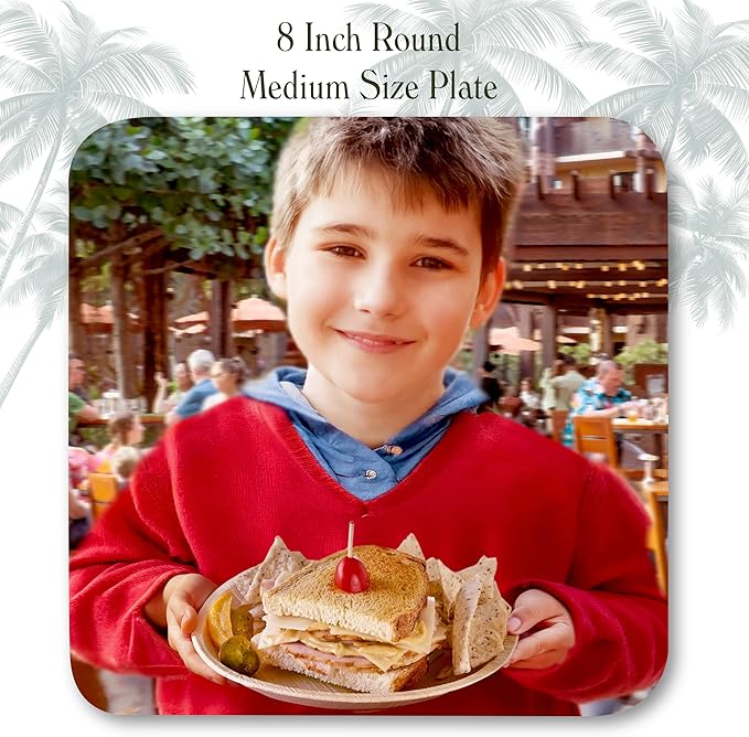Disposable Palm Leaf Plates - 50 Pack - 8 Inch Round - Compostable & Biodegradable - Heavy Duty, Eco-Friendly, Microwave Safe - Like Bamboo Plates - Perfect for Events & Parties