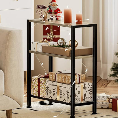 Narrow Side Table Set of 2 for Small Space, 2-Tier Small End Table with Shelf Holder, Slim Nightstand, Skinny Snack Couch Table in Living Room, Bedroom, Study, Kitchen and Balcony (Greige)