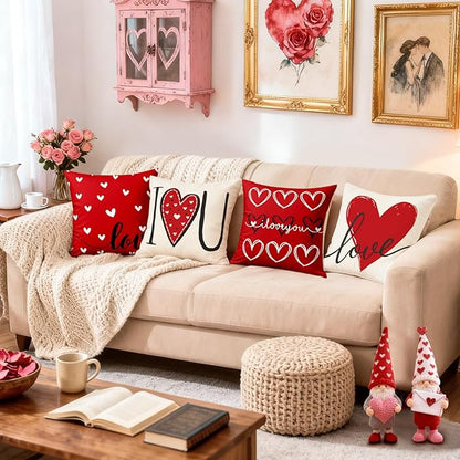 Valentines Day Decorations-Valentine Pillow Covers 18x18 Set of 4, Red Hearts I Love You Happy Valentine's Day Throw Outdoor Pillow Covers Anniversary Wedding Cushion Case for Home Sofa Couch Decor