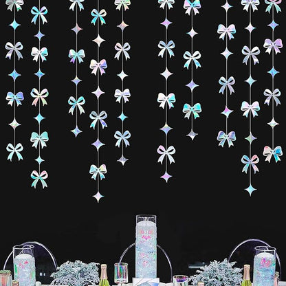 Iridescent Bow Decorations Holographic Paper Star Bow Hanging Garland Streamer Banner for Coquette Birthday Bachelorette Wedding Bridal Shower Engagement Anniversary Hen Party Decorations Supplies