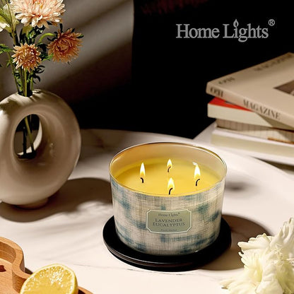 HomeLights Soy Wax Candles for Home Scented, 4-Wick Candles in Lavender Eucalyptus Scented, Aromatherapy Candles Gift for Parties, Relaxing, Scandinavian Minimalist Design, 18oz