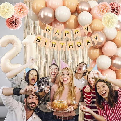 Beige 21st Birthday Decorations for Her Cream Number 21 Balloon Nude Gold Happy Birthday Banner Fringe Curtain Paper Pom Poms Blush White Sand Champagne Star Foil Balloons Neutral Boho Party Decor