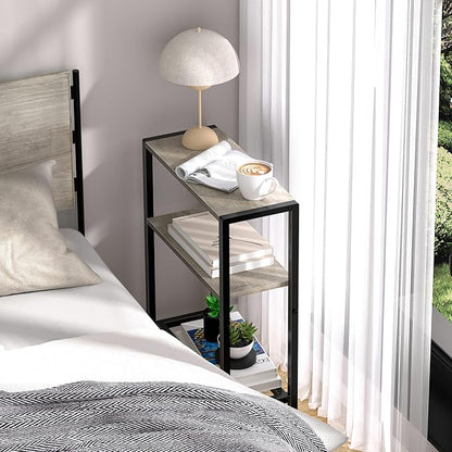 Narrow Side Table Set of 2 for Small Space, 2-Tier Small End Table with Shelf Holder, Slim Nightstand, Skinny Snack Couch Table in Living Room, Bedroom, Study, Kitchen and Balcony (Greige)