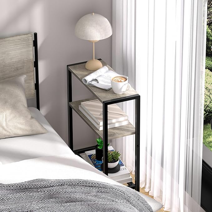 Narrow Side Table for Small Space, 2-Tier Small End Table with Shelf Holder, Slim Nightstand, Skinny Snack Couch Table in Living Room, Bedroom, Study, Kitchen and Balcony (Greige)