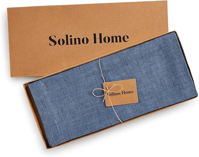Solino Home Linen Table Runner 156 Inches Long - Athena, 100% Pure Linen Blue Denim Dining Table Runner 14 x 156 Inch for Christmas, New Year