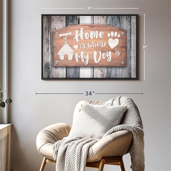 ElephantStock Home Is Where My Dog Is Wall Art - Horizontal Floating Framed Canvas - 1-Piece Living Room Wall Decor - Pet Digital Art Canvas Print - Gray and Beige Decor for Wall - 31" X 21"